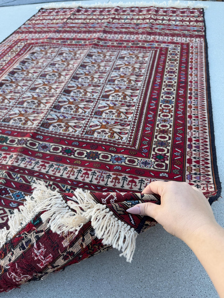 4x6-7 Vintage Handmade Afghan Soumak Rug | Blood Crimson Red Cream Sky Denim Blue Burgundy Olive Pine Green Lavender Black Caramel Brown