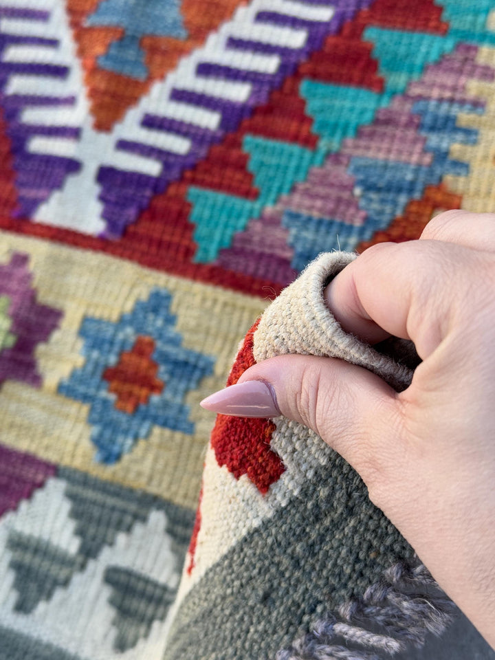 3x6-7 Handmade Afghan Kilim Runner Rug | Cream Saffron Teal Dusty Aqua Denim Blue Eggplant Purple Mauve Crimson Red Burnt Orange Moss Green