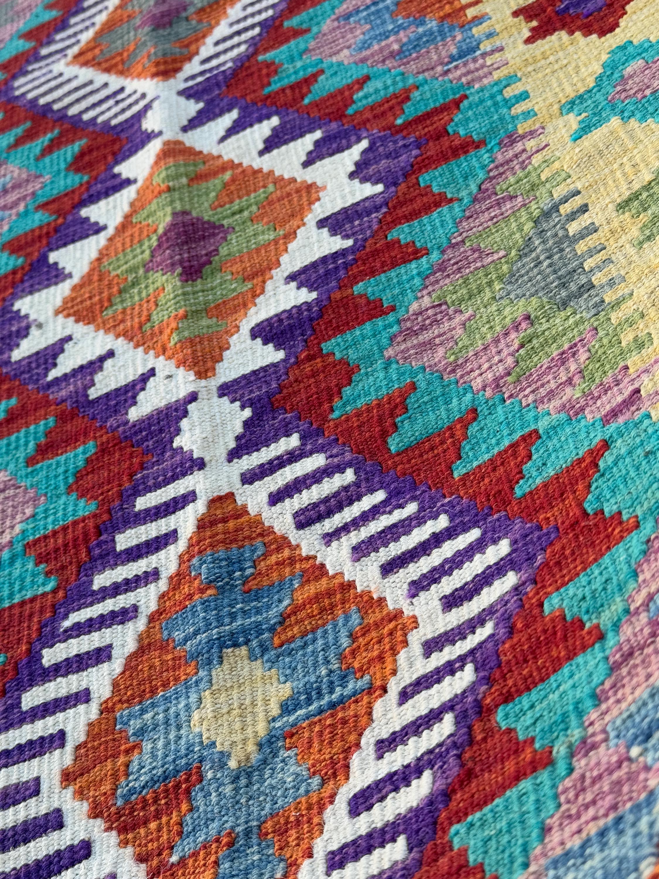 3x6-7 Handmade Afghan Kilim Runner Rug | Cream Saffron Teal Dusty Aqua Denim Blue Eggplant Purple Mauve Crimson Red Burnt Orange Moss Green