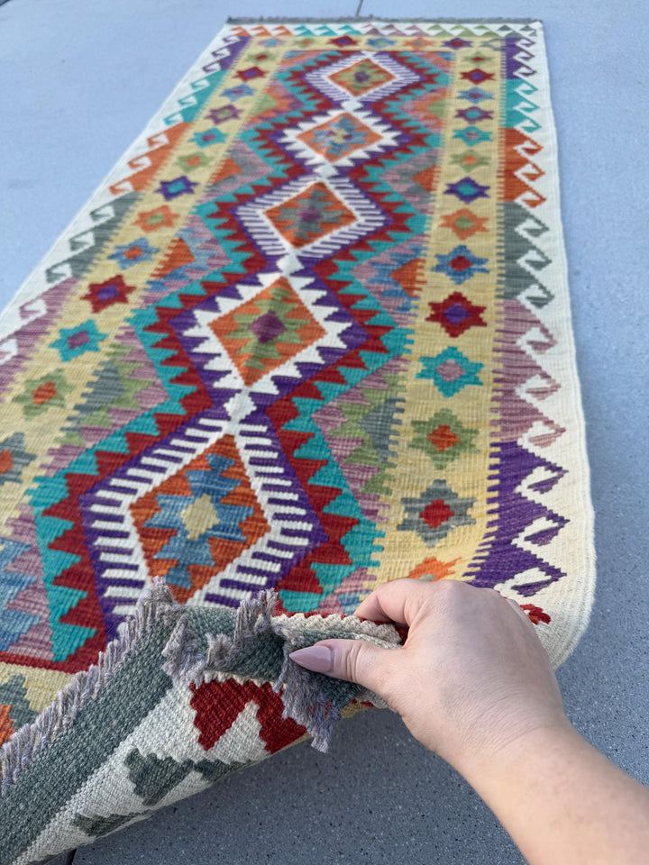 3x6-7 Handmade Afghan Kilim Runner Rug | Cream Saffron Teal Dusty Aqua Denim Blue Eggplant Purple Mauve Crimson Red Burnt Orange Moss Green