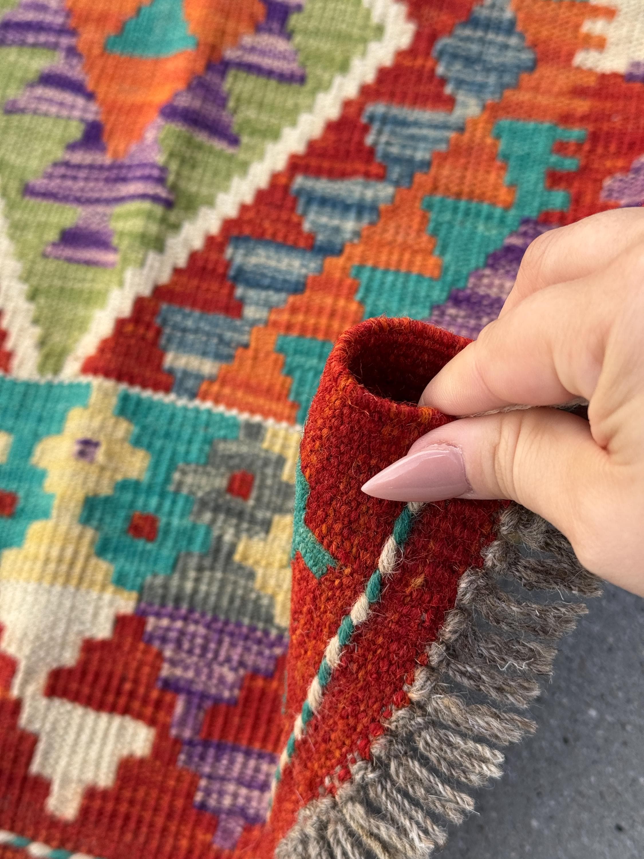 2x7 (71x200) Handmade Kilim Afghan Runner Rug | Crimson Blood Red Burnt Orange Ivory Cream Sage Green Denim Blue Turquoise | Nomadic Turkish