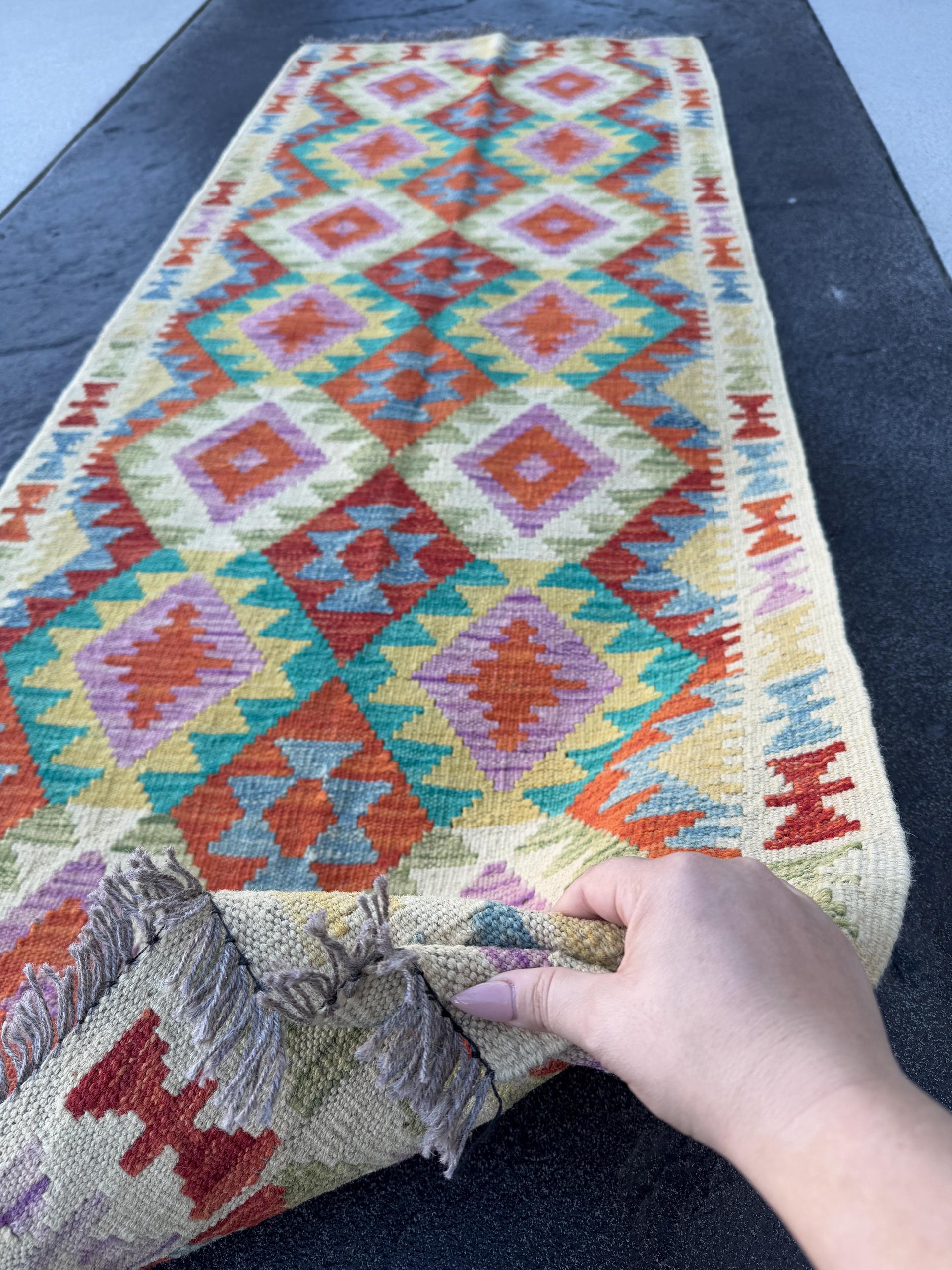 3x7 (73x200)Handmade Afghan Kilim Runner Rug |Slate Grey Cream Gold Olive Moss Green Lavender Denim Teal Blue Crimson Brick Red Maroon