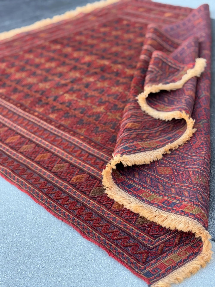5x7 (152x200) Handmade Afghan Rug | Navy Blue Crimson Red Gold Mauve Brick Red Ivory Taupe Moss Green | Geometric Wool Hand Knotted Boho
