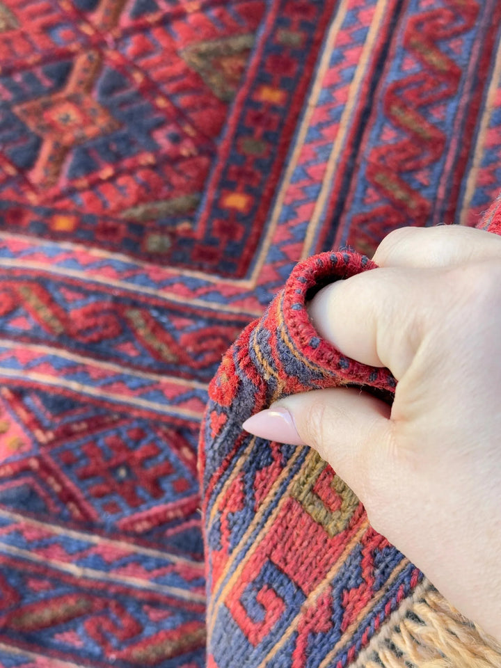 5x7 (152x200) Handmade Afghan Rug | Navy Blue Crimson Red Gold Mauve Brick Red Ivory Taupe Moss Green | Geometric Wool Hand Knotted Boho