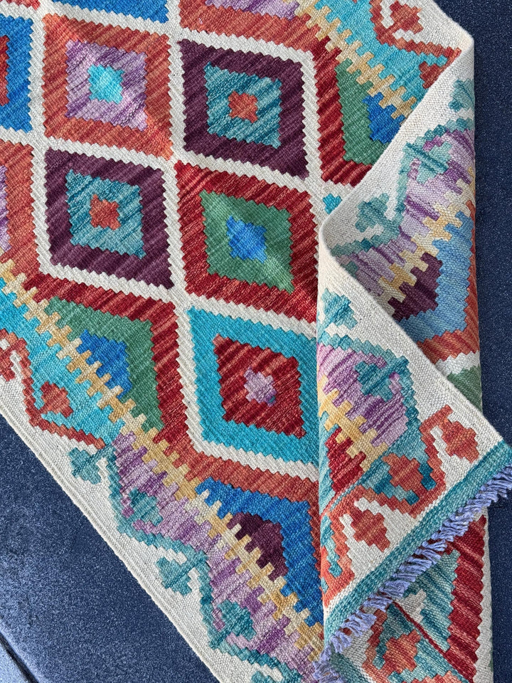 3x7 (73x203)Handmade Afghan Kilim Runner Rug | Cream Gold Rust Orange Moss Green Lavender Denim Teal Turquoise Blue Crimson Brick Red Maroon