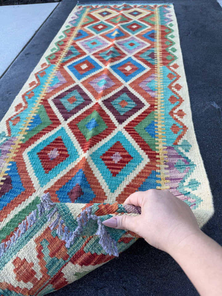 3x7 (73x203)Handmade Afghan Kilim Runner Rug | Cream Gold Rust Orange Moss Green Lavender Denim Teal Turquoise Blue Crimson Brick Red Maroon