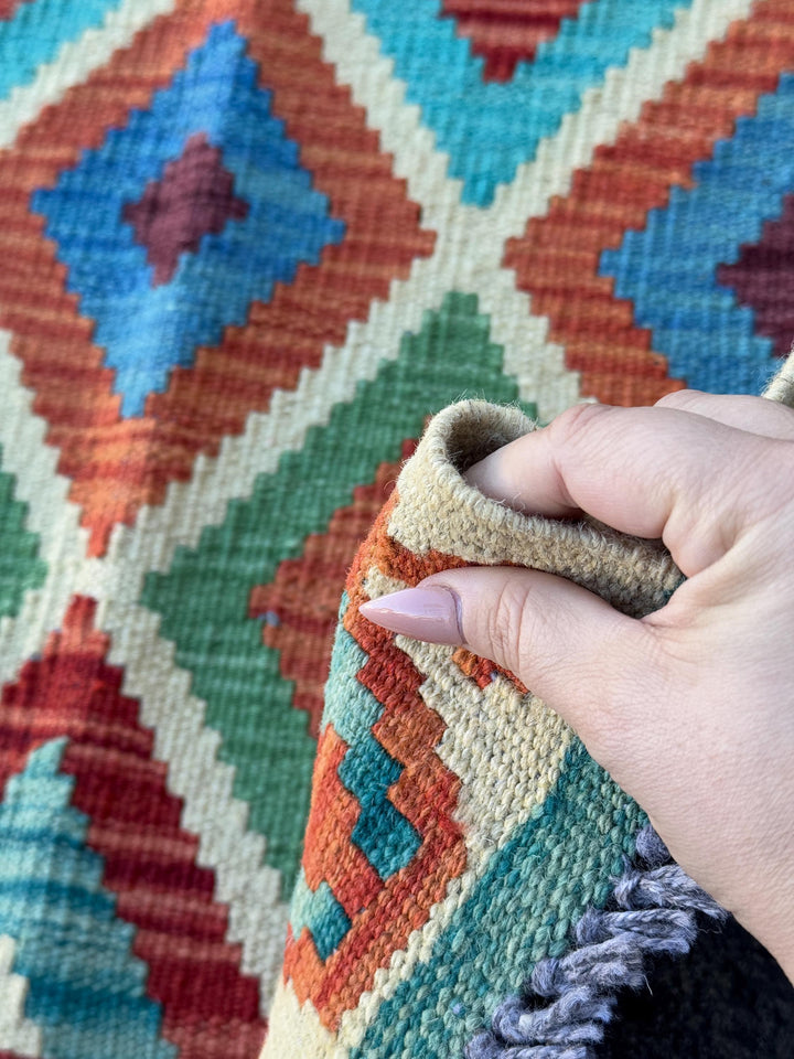 3x7 (73x203)Handmade Afghan Kilim Runner Rug | Cream Gold Rust Orange Moss Green Lavender Denim Teal Turquoise Blue Crimson Brick Red Maroon