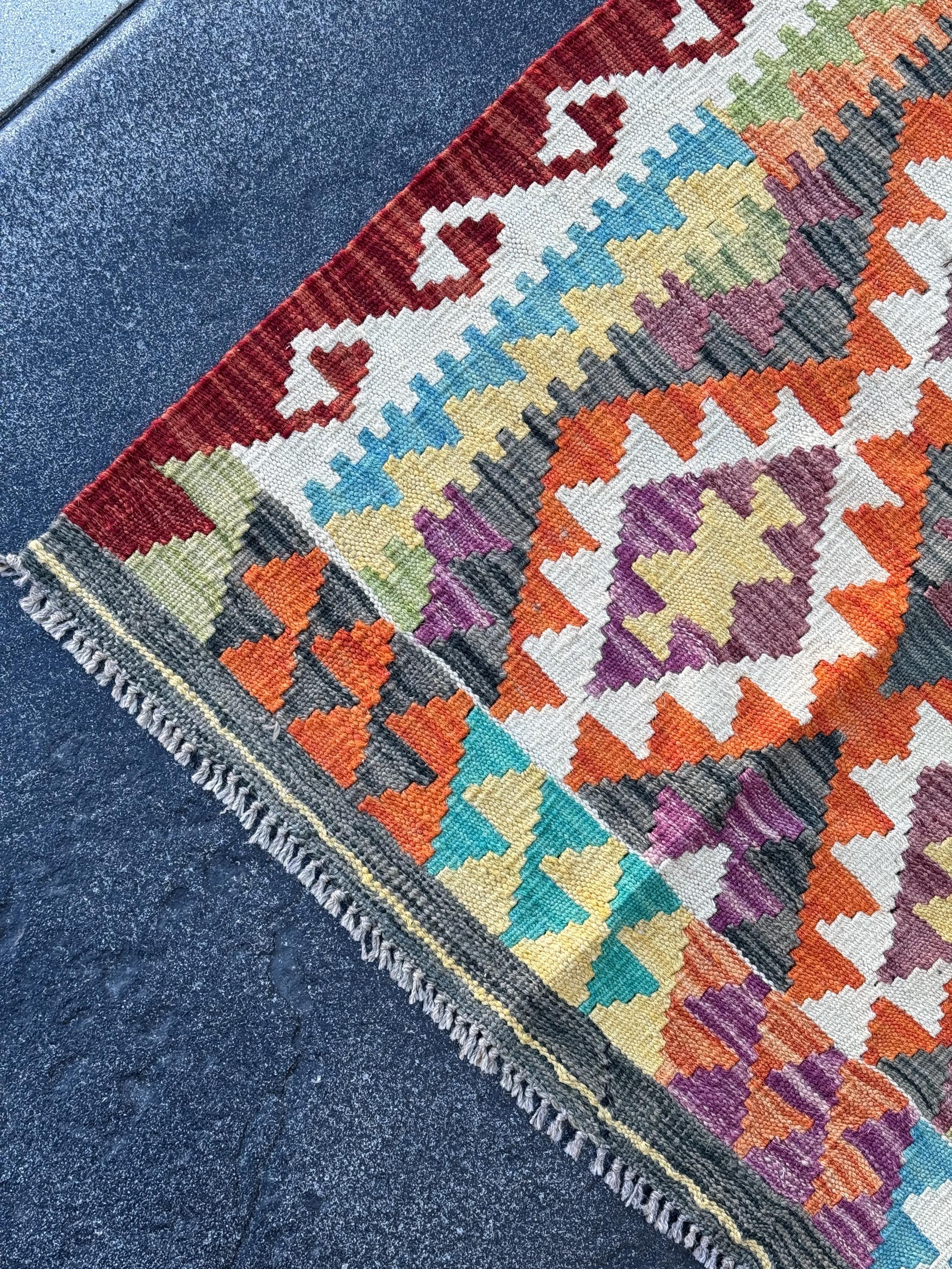 3x7 (83x200) Handmade Kilim Afghan Runner Rug | Crimson Blood Red Burnt Orange Ivory Cream Sage Green Denim Blue Turquoise Eggplant Purple