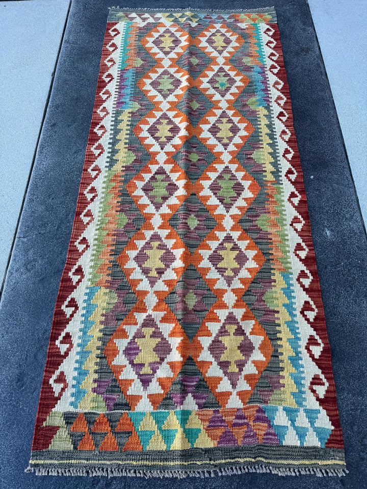 3x7 (83x200) Handmade Kilim Afghan Runner Rug | Crimson Blood Red Burnt Orange Ivory Cream Sage Green Denim Blue Turquoise Eggplant Purple