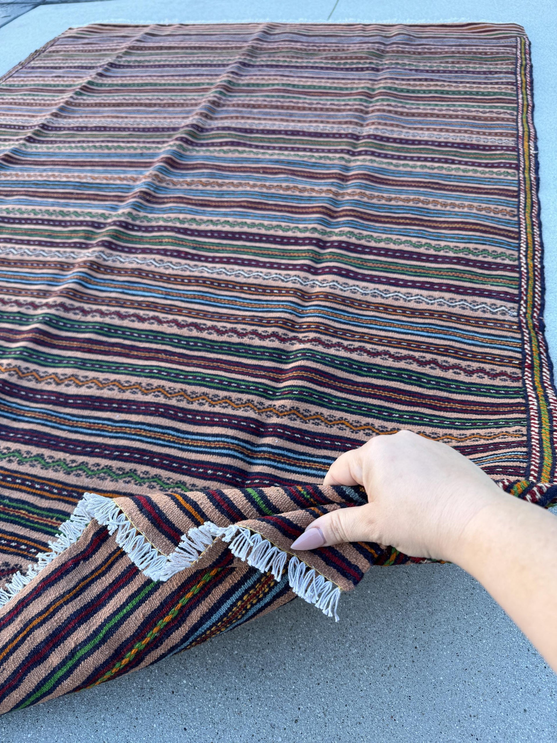 5x6 (149x193) Handmade Afghan Kilim Rug | Taupe Mocha Brown Red Sky Blue Pine Green Orange Ivory Coral | Hand Knotted Geometric Wool