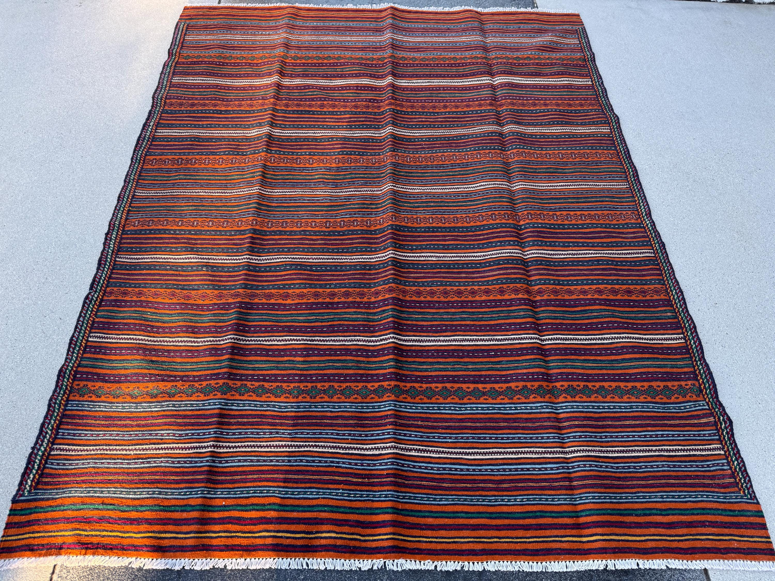 5x6 (149x193) Handmade Afghan Kilim Rug | Orange Crimson Red Light Blue Ivory Lime Green Taupe | Hand Knotted Geometric Persian Turkish Wool