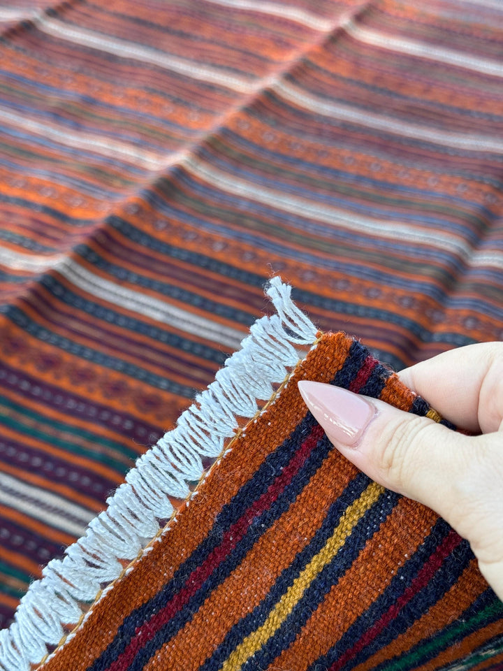 5x6 (149x193) Handmade Afghan Kilim Rug | Orange Crimson Red Light Blue Ivory Lime Green Taupe | Hand Knotted Geometric Persian Turkish Wool