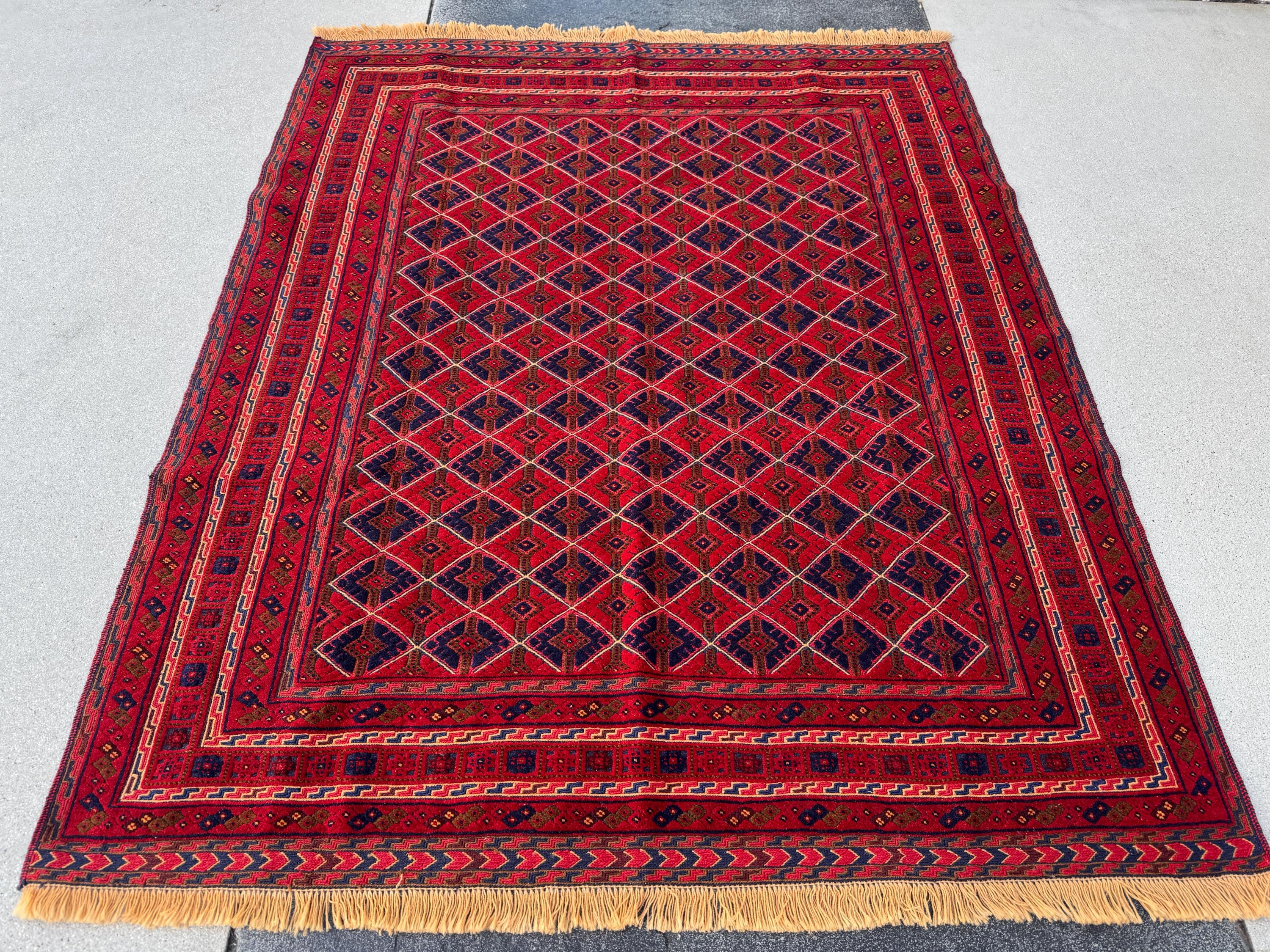 5x6 (154x193) Handmade Afghan Rug | Cherry Red Orange Black Taupe Crimson Red Midnight Blue | Hand Knotted Geometric Turkish Wool