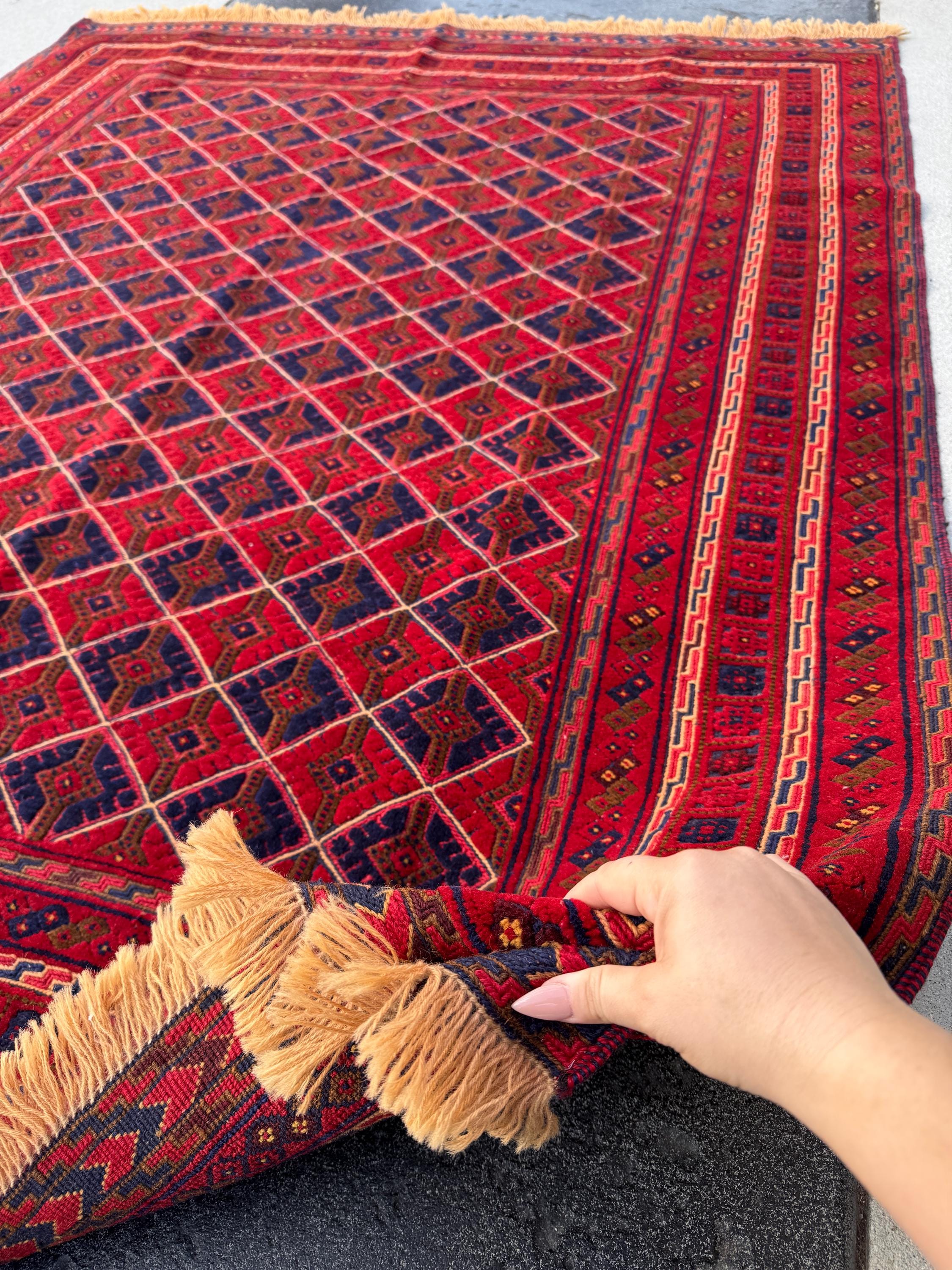 5x6 (154x193) Handmade Afghan Rug | Cherry Red Orange Black Taupe Crimson Red Midnight Blue | Hand Knotted Geometric Turkish Wool