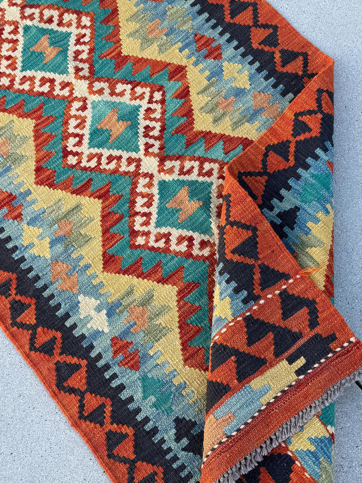 3x7 (73x198)Handmade Afghan Kilim Runner Rug | Rust Orange Cream Gold Moss Green Lavender Denim Teal Turquoise Blue Crimson Brick Red Maroon