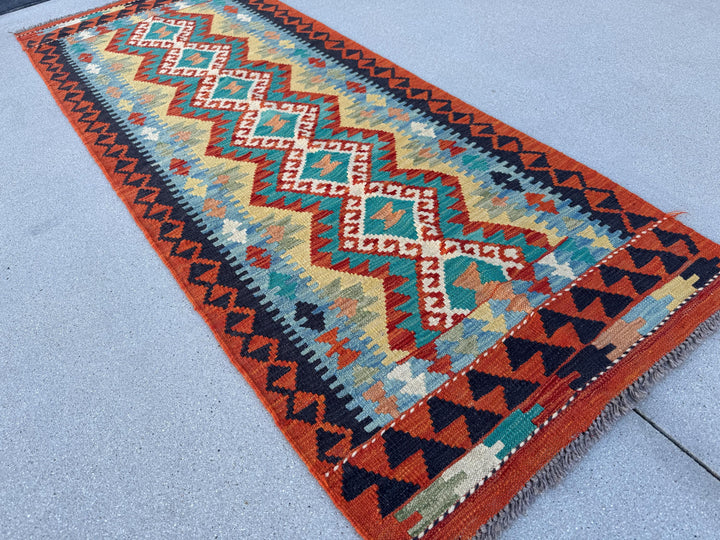 3x7 (73x198)Handmade Afghan Kilim Runner Rug | Rust Orange Cream Gold Moss Green Lavender Denim Teal Turquoise Blue Crimson Brick Red Maroon