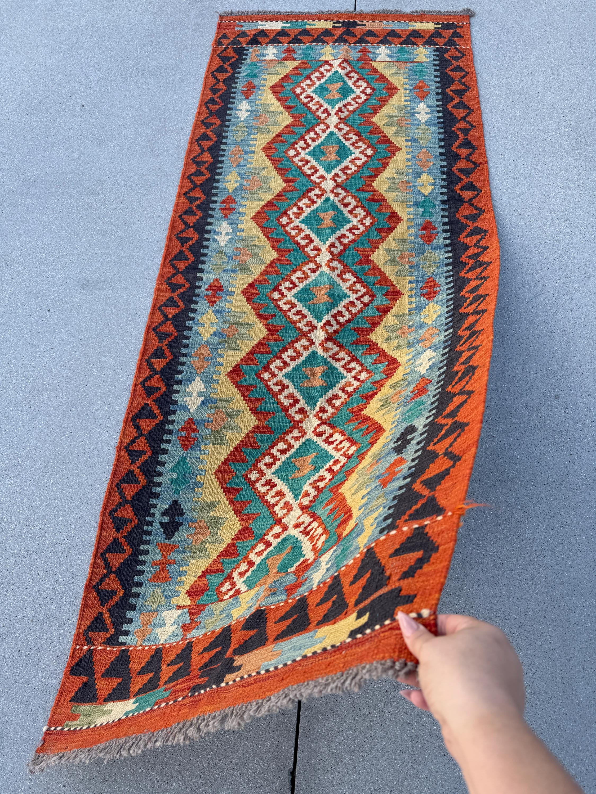 3x7 (73x198)Handmade Afghan Kilim Runner Rug | Rust Orange Cream Gold Moss Green Lavender Denim Teal Turquoise Blue Crimson Brick Red Maroon