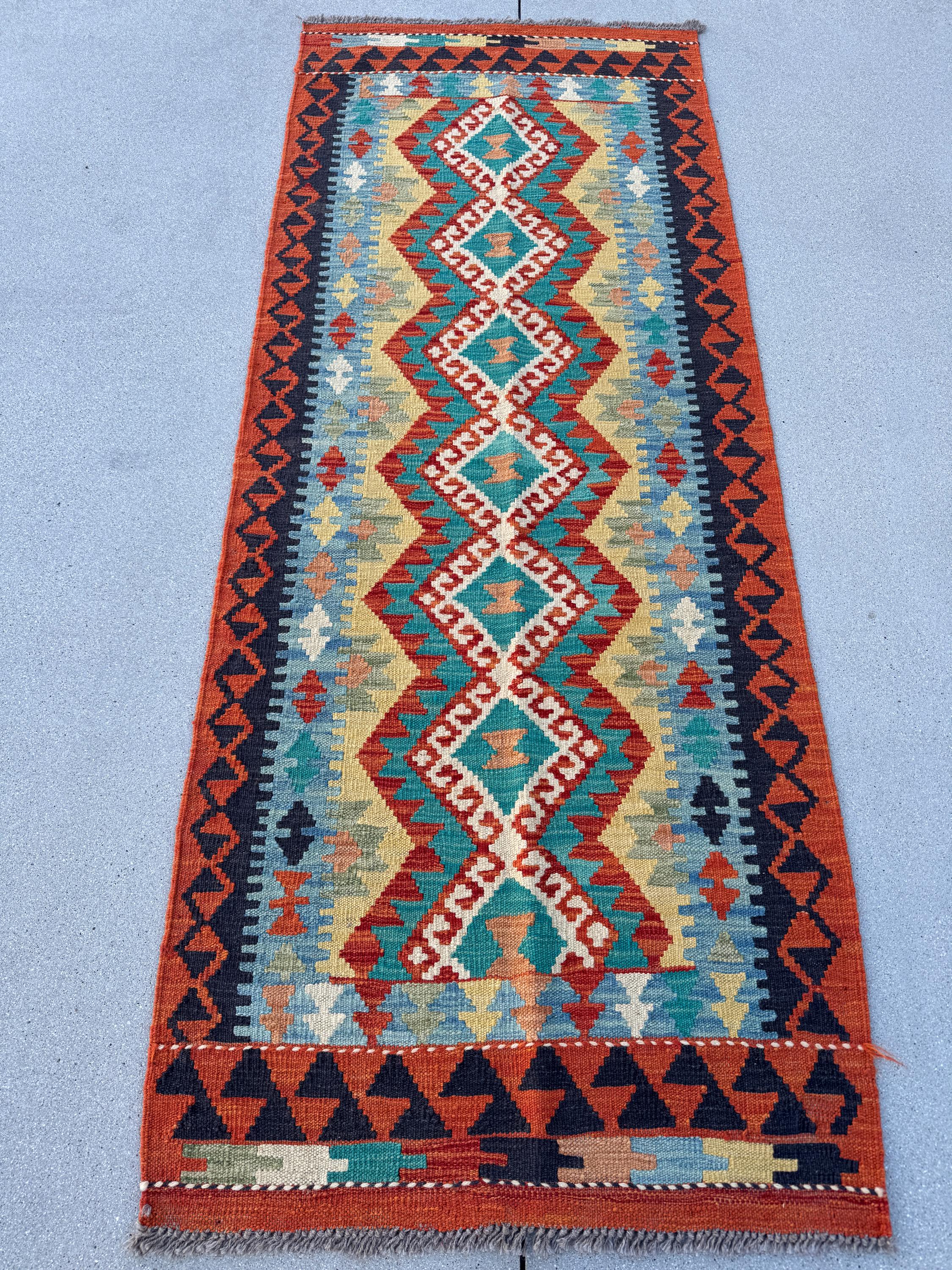 3x7 (73x198)Handmade Afghan Kilim Runner Rug | Rust Orange Cream Gold Moss Green Lavender Denim Teal Turquoise Blue Crimson Brick Red Maroon