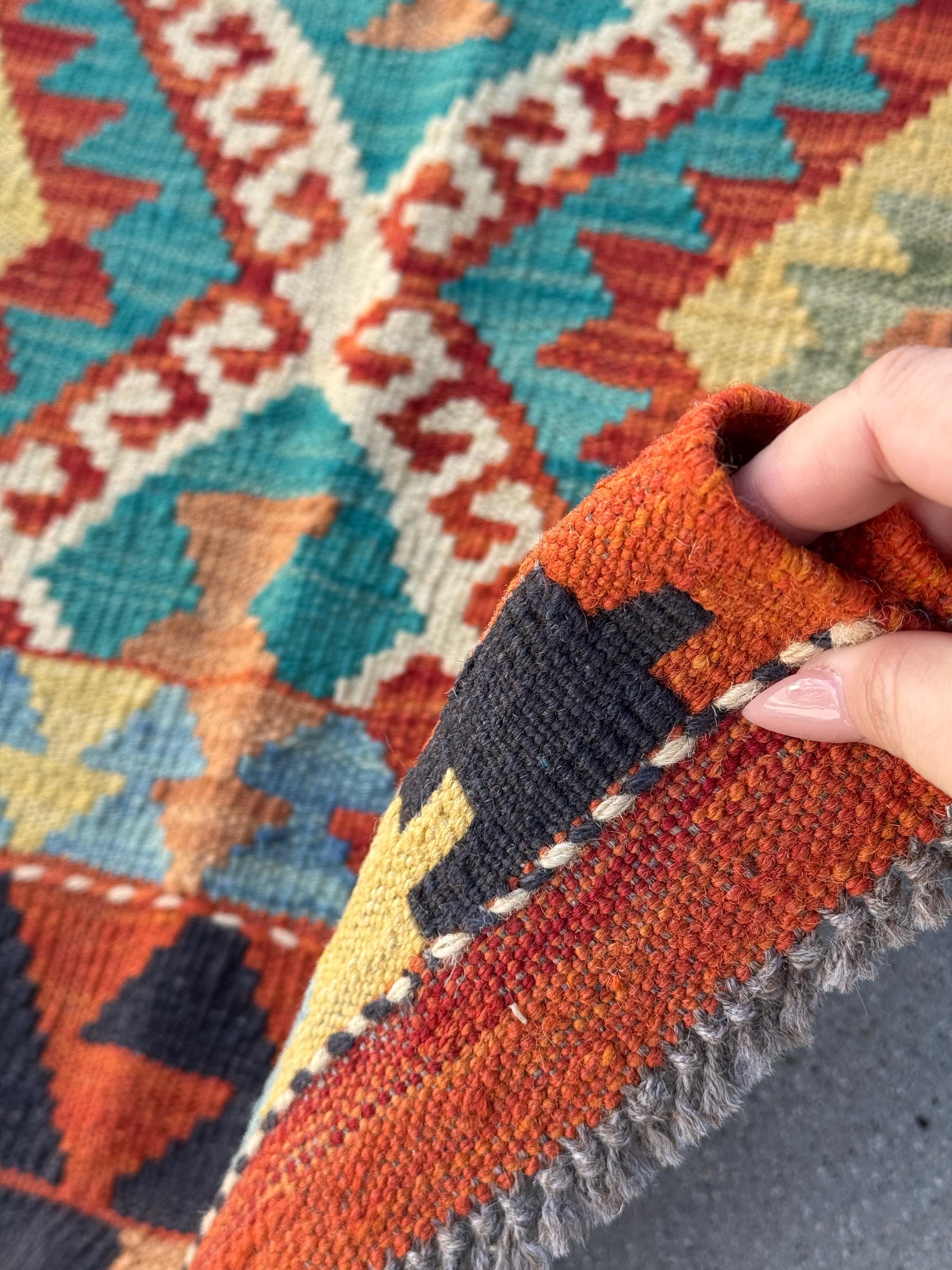 3x7 (73x198)Handmade Afghan Kilim Runner Rug | Rust Orange Cream Gold Moss Green Lavender Denim Teal Turquoise Blue Crimson Brick Red Maroon