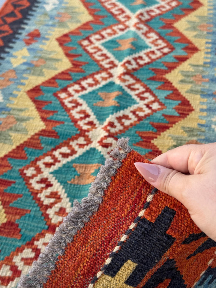 3x7 (73x198)Handmade Afghan Kilim Runner Rug | Rust Orange Cream Gold Moss Green Lavender Denim Teal Turquoise Blue Crimson Brick Red Maroon