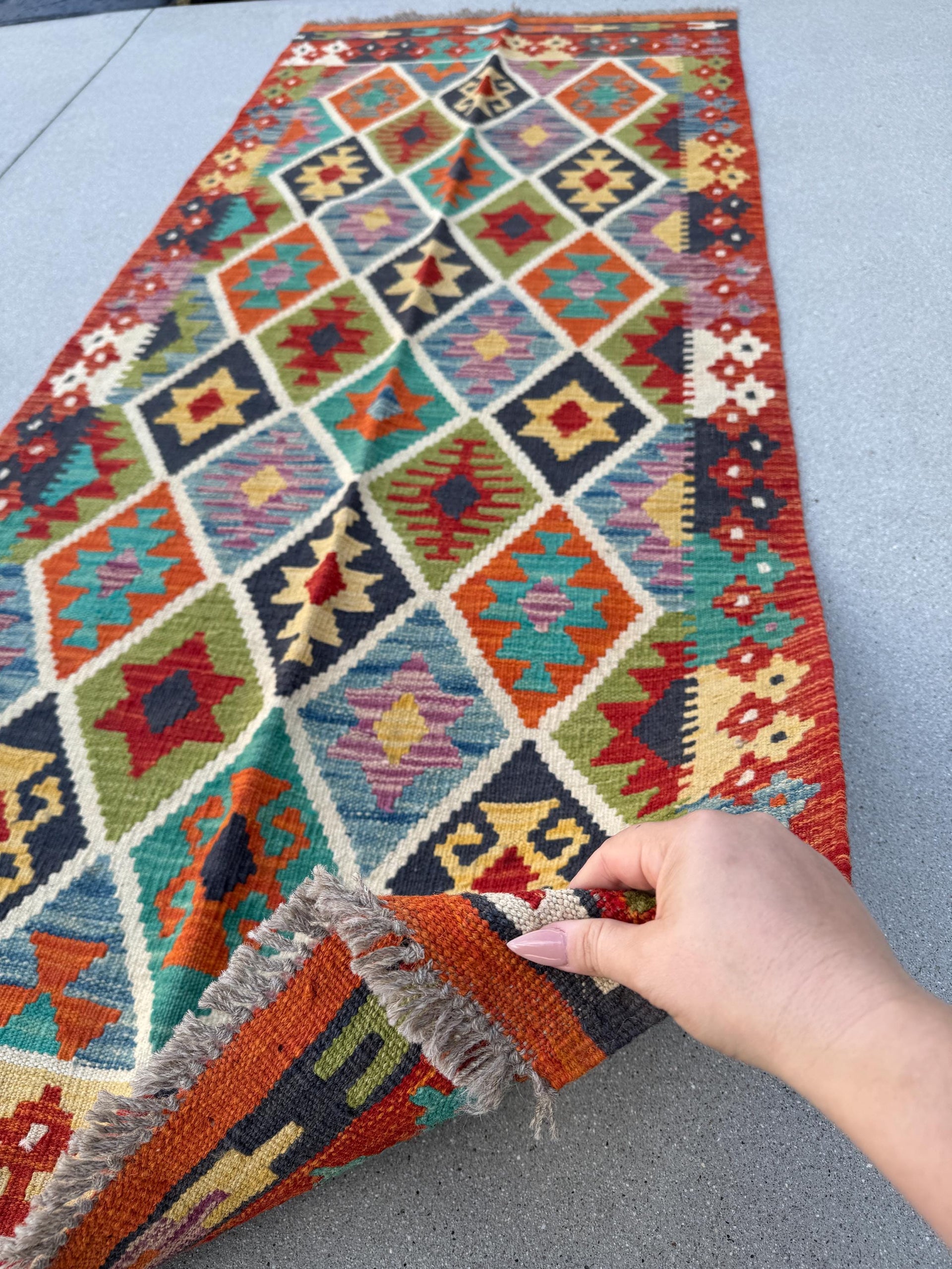 3x7 (83x208)Handmade Afghan Kilim Runner Rug | Rust Orange Cream Yellow Gold Moss Green Lavender Denim Teal Sky Blue Crimson Brick Red Black