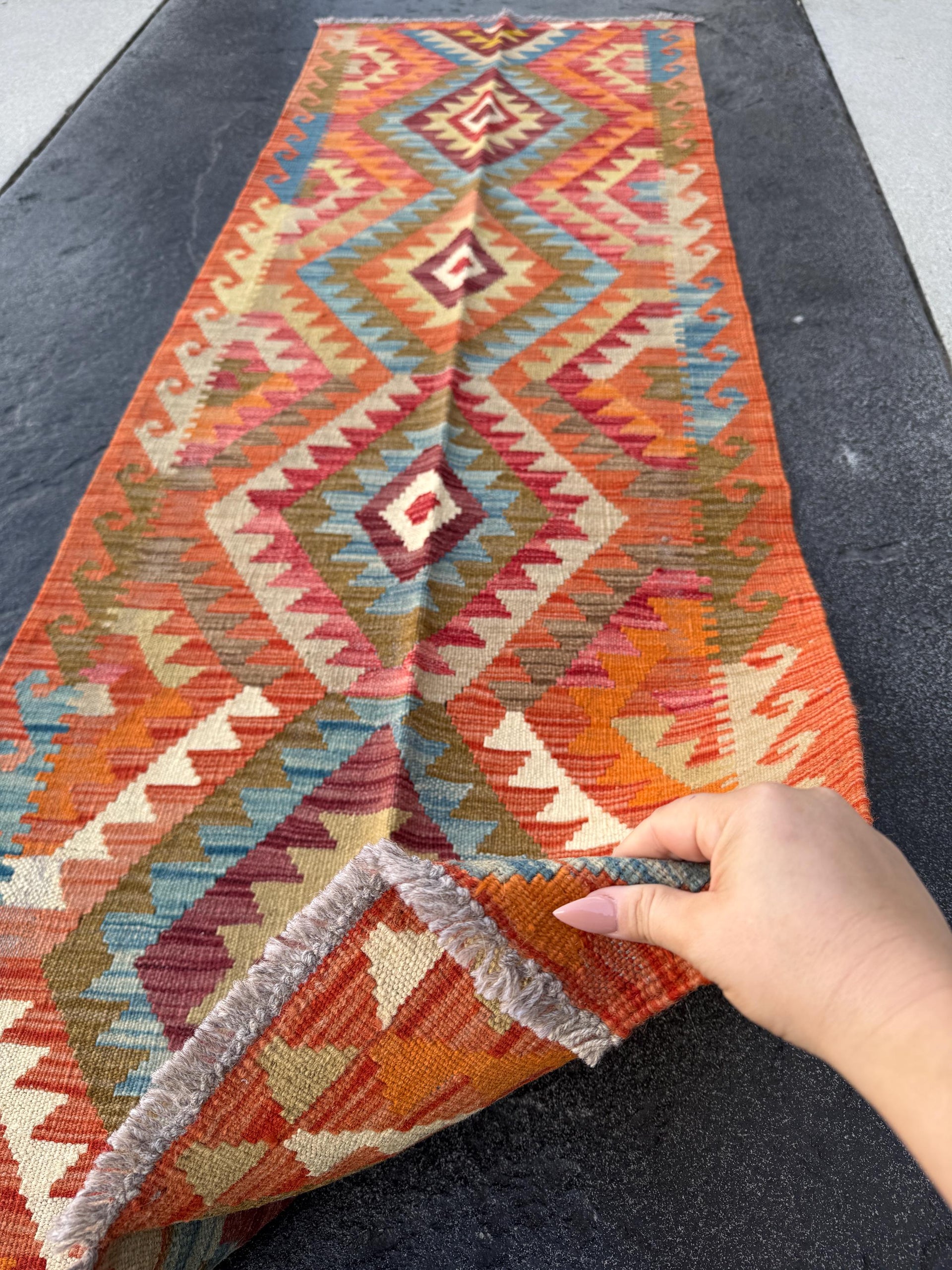 3x7 (68x200)Handmade Afghan Kilim Runner Rug | Rust Orange Cream Ivory Yellow Gold Moss Green Denim Teal Turquoise Blue Crimson Brick Red