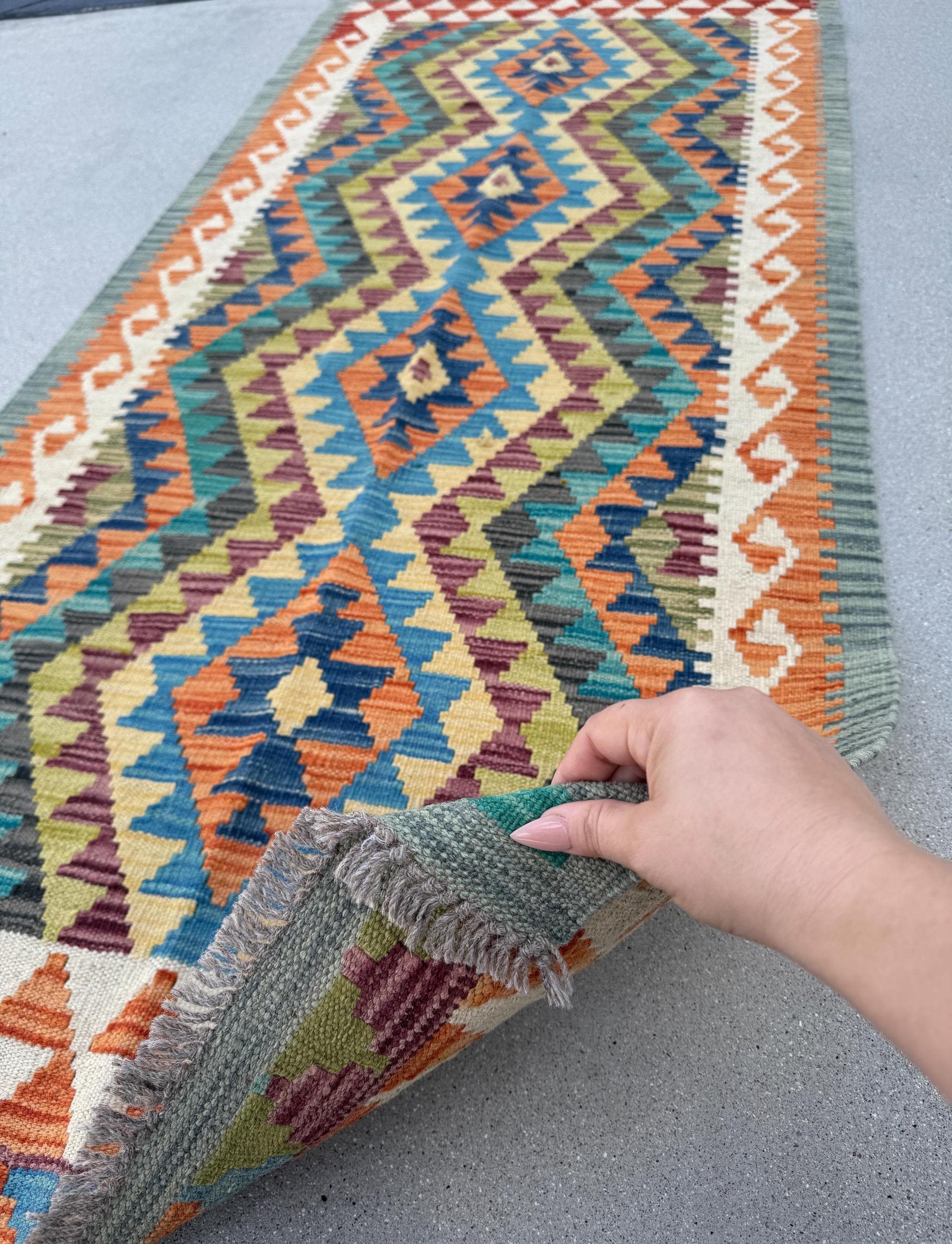 3x7 (91x203)Handmade Afghan Kilim Runner Rug | Moss Green Teal Turquoise Rust Orange Cream Gold Lavender Denim Blue Crimson Brick Red Maroon