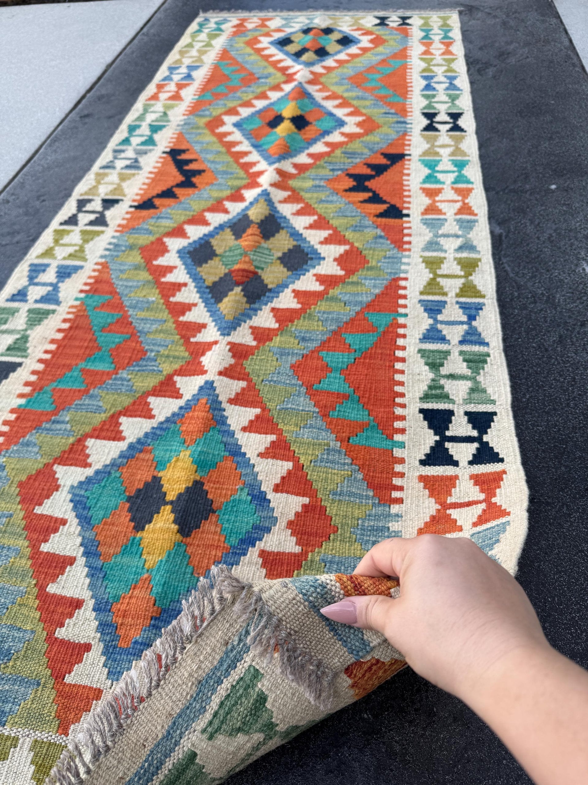 3x7 (78x208)Handmade Afghan Kilim Runner Rug | Ivory Cream Burnt Sienna Red Teal Rust Orange Olive Green Brown Grey