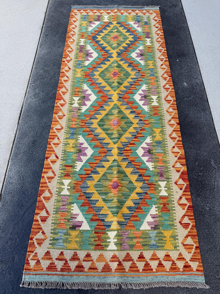 3x7 (81x210) Handmade Afghan Kilim Runner Rug | Moss Green Teal Turquoise Rust Orange Cream Gold Purple Denim Blue Crimson Brick Red Maroon