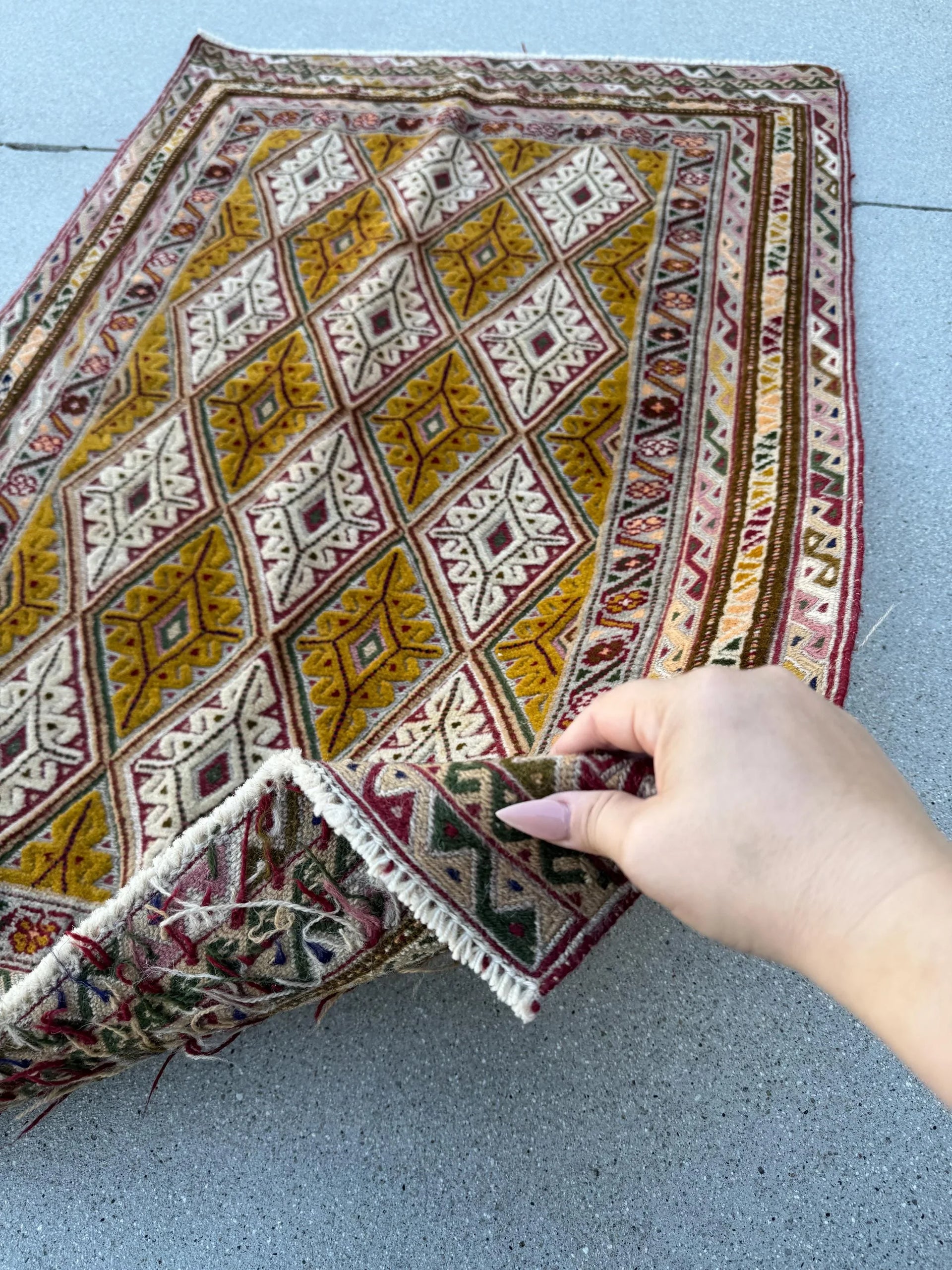 3x4 (91x121) Handmade Afghan Vintage Barjasta Rug | Gold Mustard Yellow Mauve Salmon Pink Cream White Blood Red Forest Green Grey | Wool