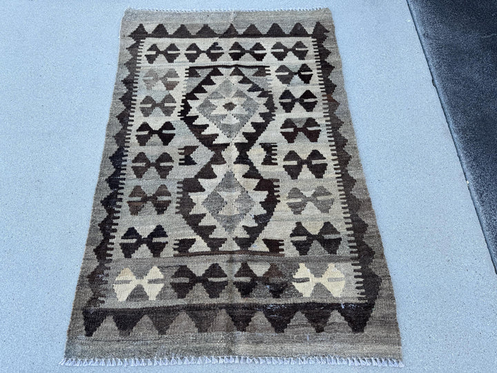 3x4 (91x121) Handmade Afghan Kilim Rug | Grey Gray Charcoal Slate Black Taupe Ivory Cream | Wool Neutral Reversible Flatweave