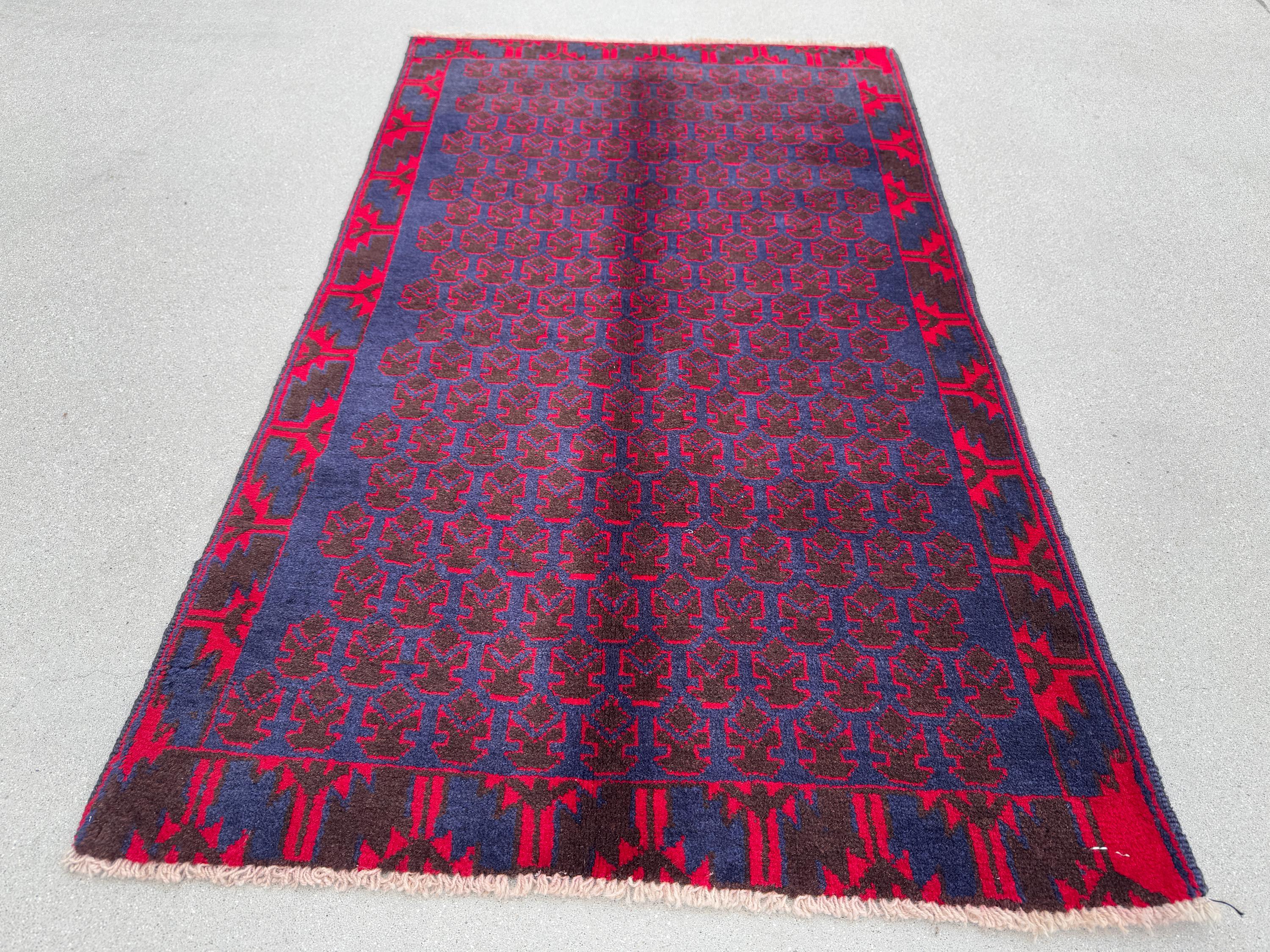 3x4-5 (91x152) Handmade Vintage Afghan Baluch Rug | Midnight Navy Blue Crimson Cherry Red Black | Wool Geometric Turkish Persian HandKnotted