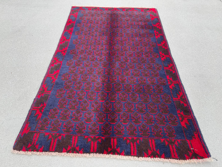 3x4-5 (91x152) Handmade Vintage Afghan Baluch Rug | Midnight Navy Blue Crimson Cherry Red Black | Wool Geometric Turkish Persian HandKnotted