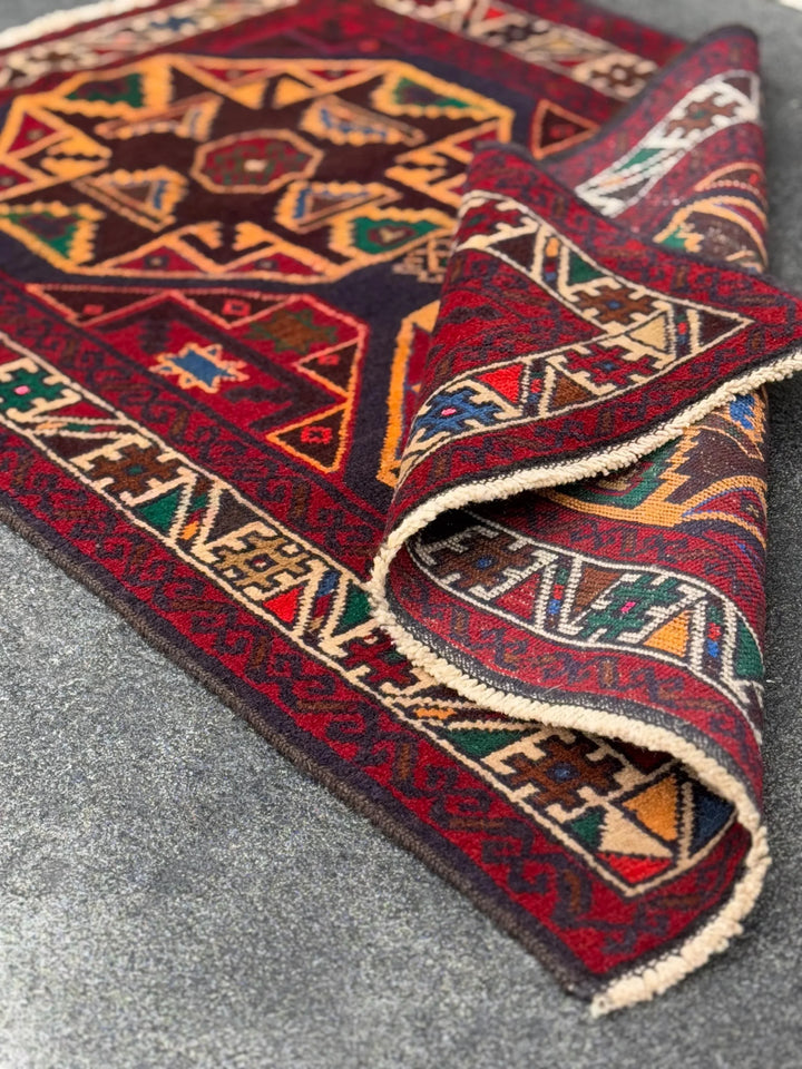 3x4-5 Handmade Vintage Afghan Baluch Rug | Red Crimson Blood Wine Burgundy Cream Gold Mustard Yellow Orange Forest Green Blue Tan Brown