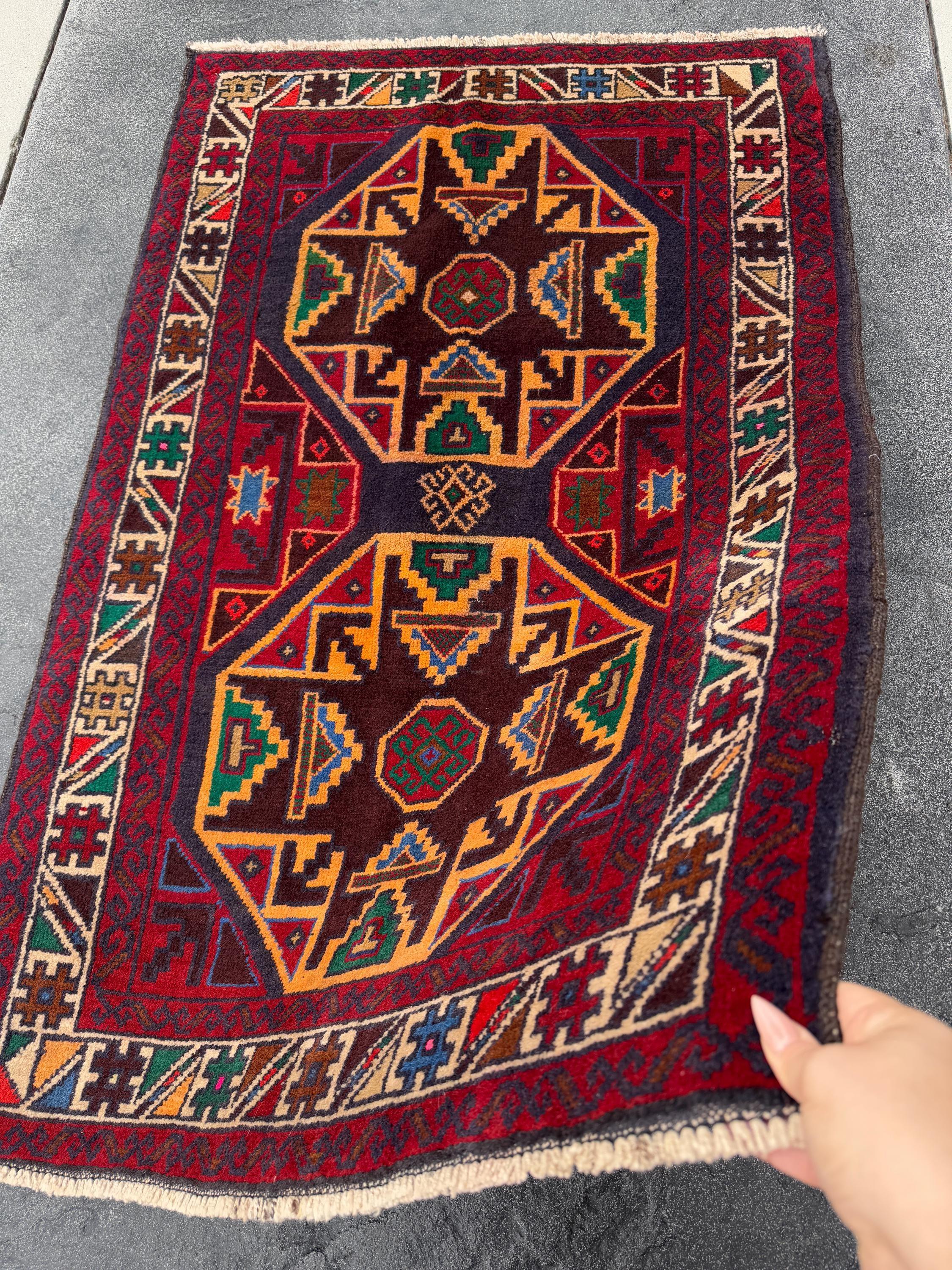 3x4-5 Handmade Vintage Afghan Baluch Rug | Red Crimson Blood Wine Burgundy Cream Gold Mustard Yellow Orange Forest Green Blue Tan Brown