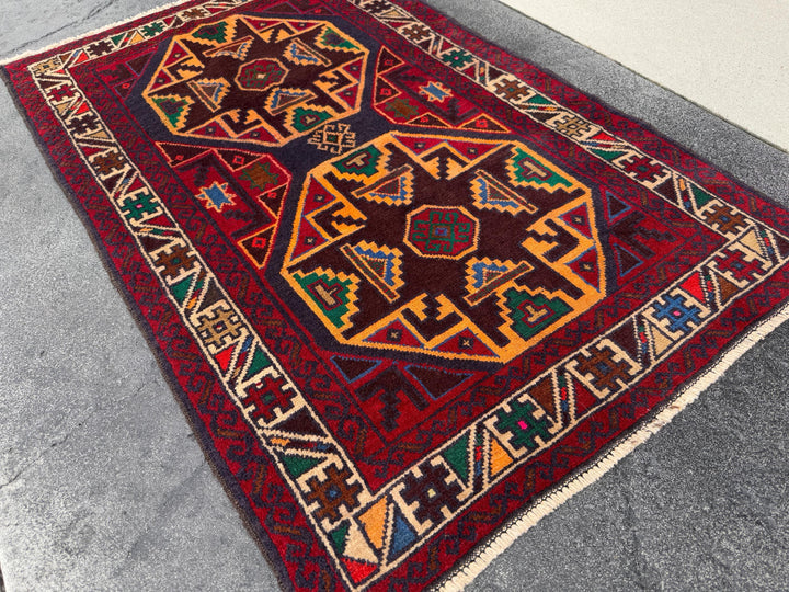 3x4-5 Handmade Vintage Afghan Baluch Rug | Red Crimson Blood Wine Burgundy Cream Gold Mustard Yellow Orange Forest Green Blue Tan Brown