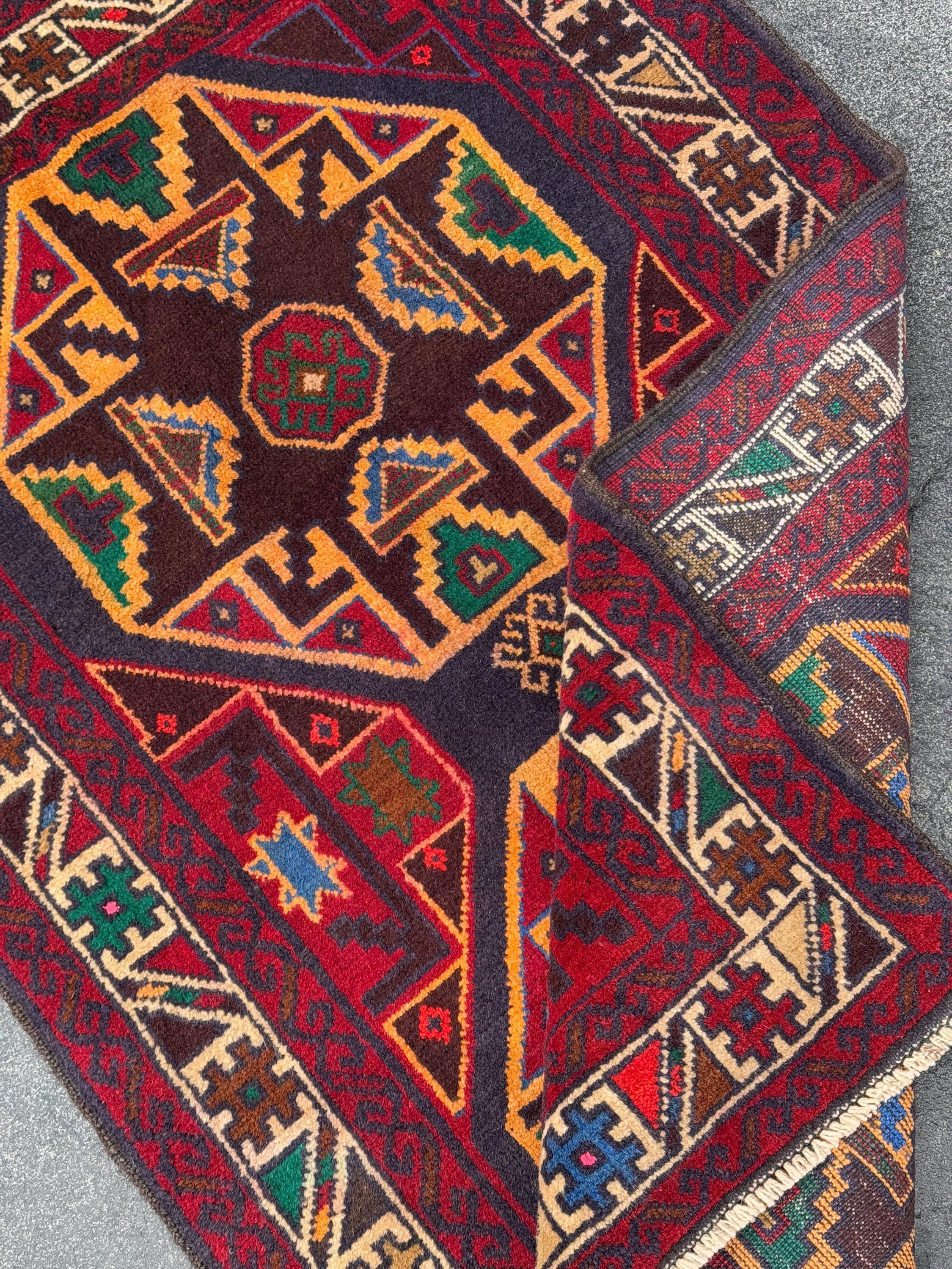 3x4-5 Handmade Vintage Afghan Baluch Rug | Red Crimson Blood Wine Burgundy Cream Gold Mustard Yellow Orange Forest Green Blue Tan Brown