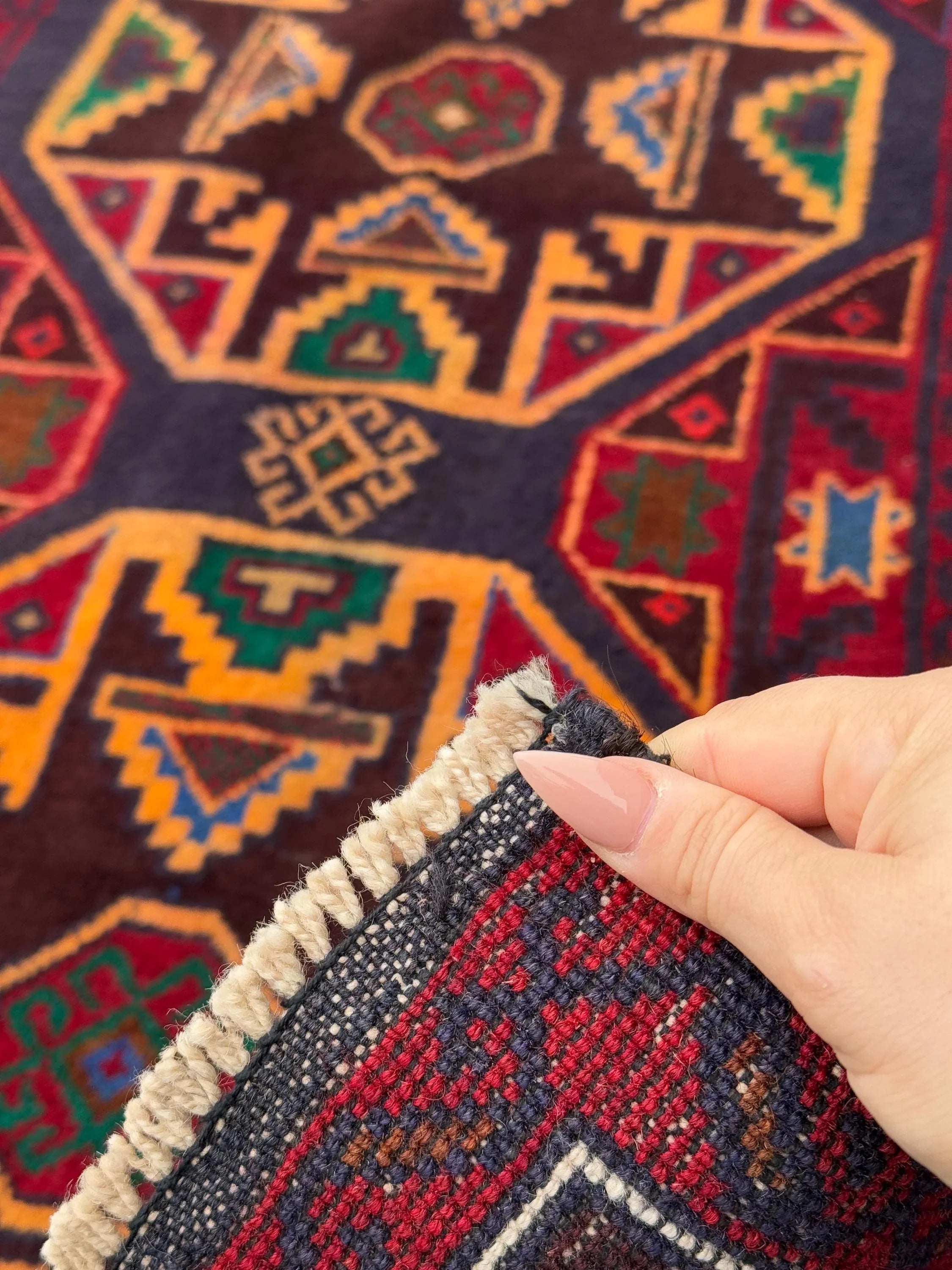 3x4-5 Handmade Vintage Afghan Baluch Rug | Red Crimson Blood Wine Burgundy Cream Gold Mustard Yellow Orange Forest Green Blue Tan Brown