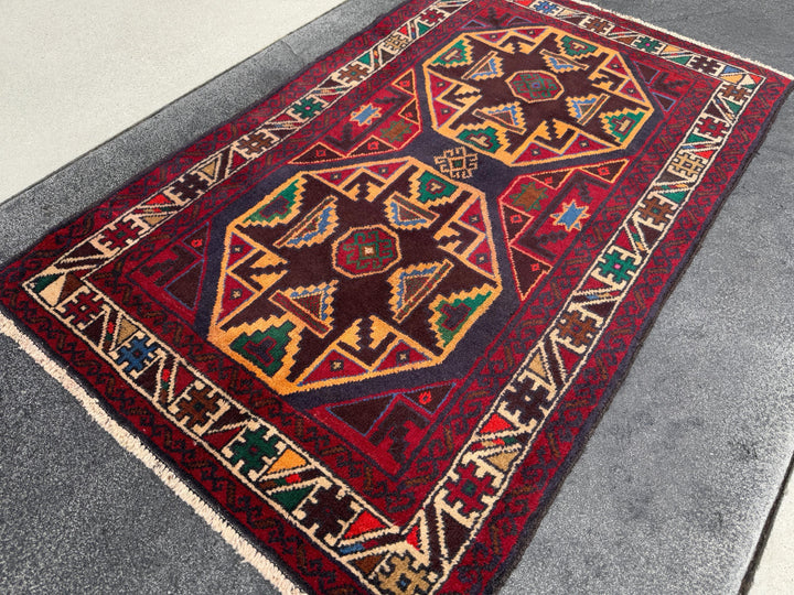 3x4-5 Handmade Vintage Afghan Baluch Rug | Red Crimson Blood Wine Burgundy Cream Gold Mustard Yellow Orange Forest Green Blue Tan Brown