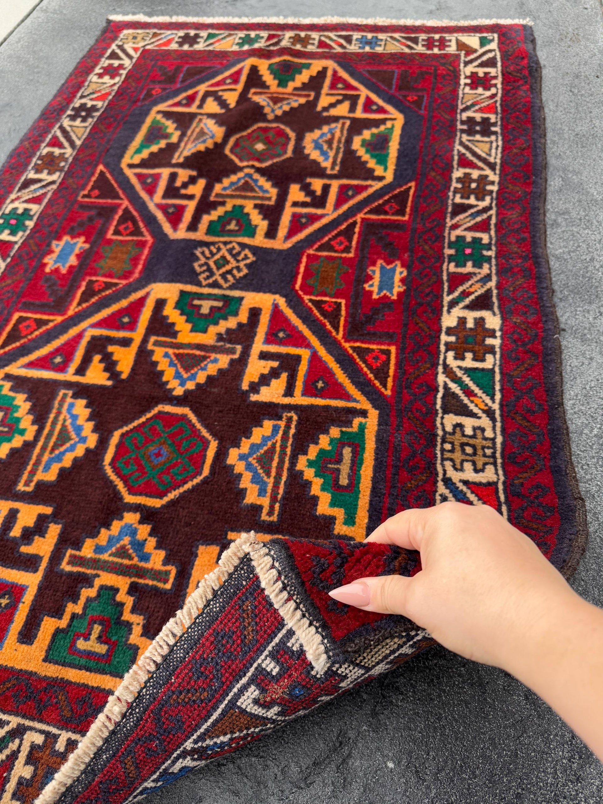 3x4-5 Handmade Vintage Afghan Baluch Rug | Red Crimson Blood Wine Burgundy Cream Gold Mustard Yellow Orange Forest Green Blue Tan Brown