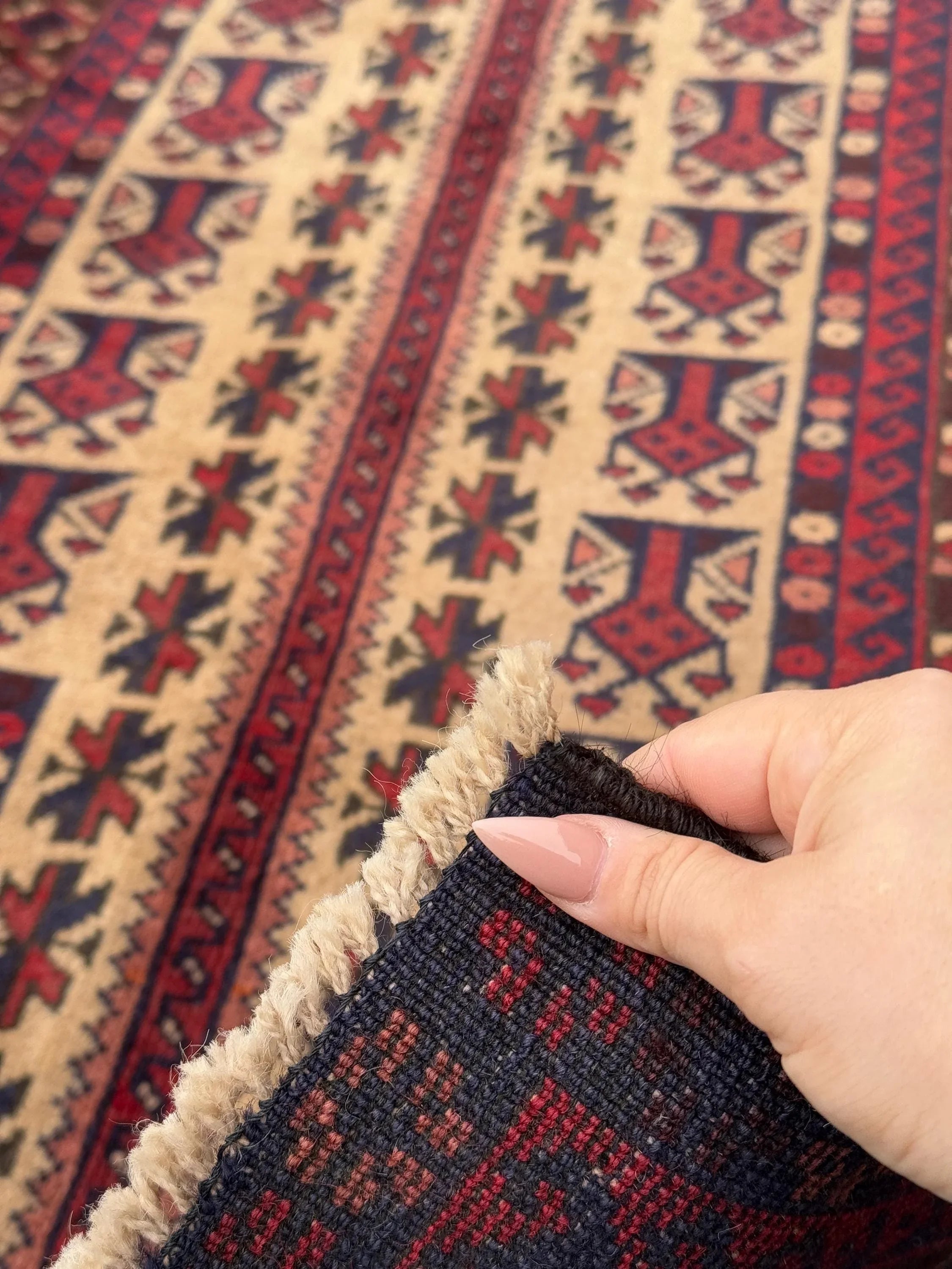 3x4-5 Handmade Vintage Afghan Baluch Rug | Garnet Cherry Crimson Wine Burgundy Red Cream Sand Brown Orange Midnight Blue Black Coral Pink