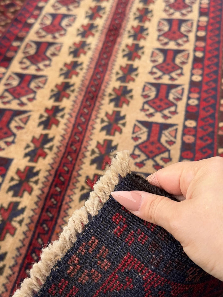 3x4-5 Handmade Vintage Afghan Baluch Rug | Garnet Cherry Crimson Wine Burgundy Red Cream Sand Brown Orange Midnight Blue Black Coral Pink