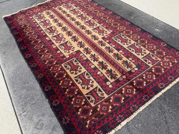3x4-5 Handmade Vintage Afghan Baluch Rug | Garnet Cherry Crimson Wine Burgundy Red Cream Sand Brown Orange Midnight Blue Black Coral Pink