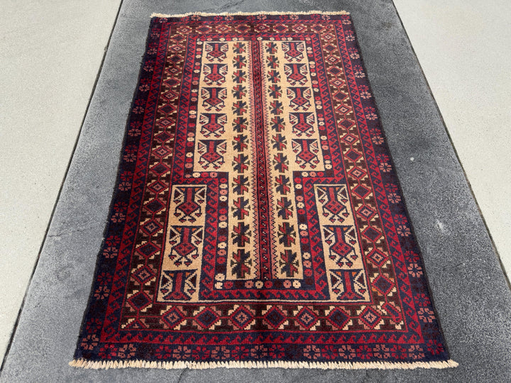 3x4-5 Handmade Vintage Afghan Baluch Rug | Garnet Cherry Crimson Wine Burgundy Red Cream Sand Brown Orange Midnight Blue Black Coral Pink