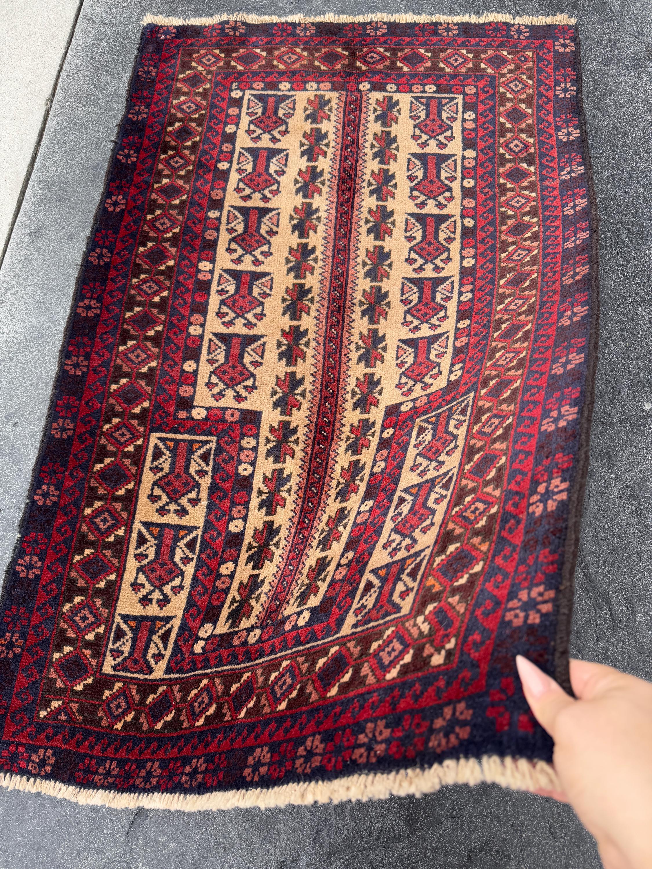 3x4-5 Handmade Vintage Afghan Baluch Rug | Garnet Cherry Crimson Wine Burgundy Red Cream Sand Brown Orange Midnight Blue Black Coral Pink