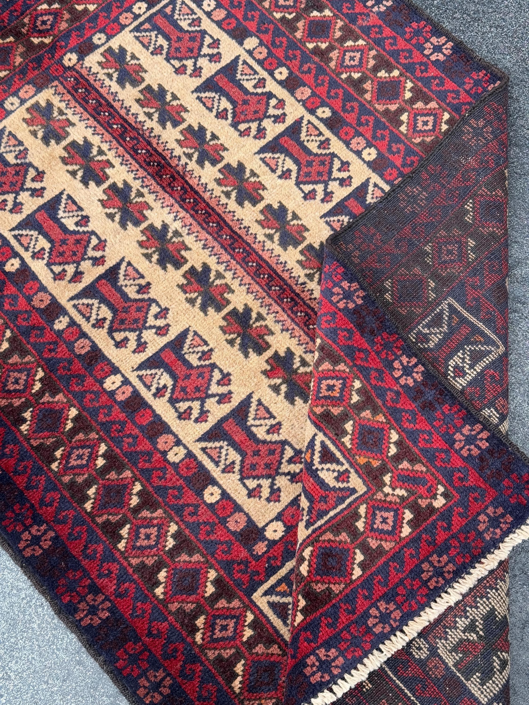 3x4-5 Handmade Vintage Afghan Baluch Rug | Garnet Cherry Crimson Wine Burgundy Red Cream Sand Brown Orange Midnight Blue Black Coral Pink