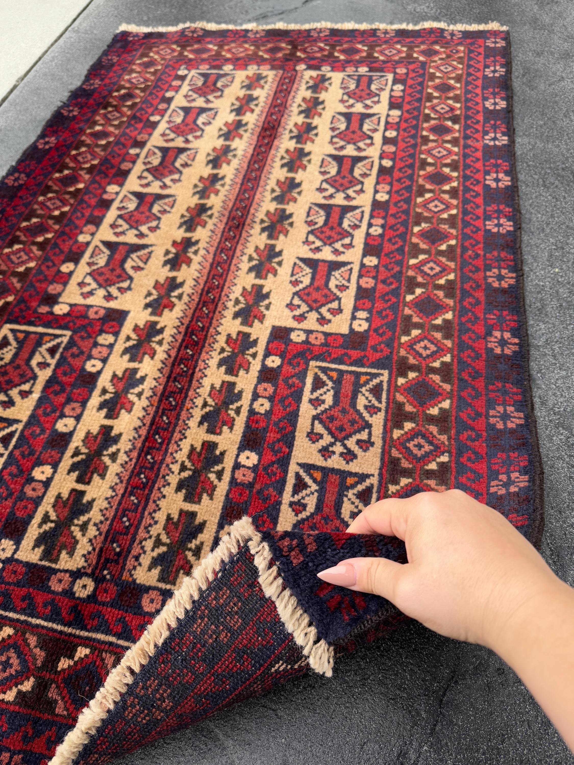3x4-5 Handmade Vintage Afghan Baluch Rug | Garnet Cherry Crimson Wine Burgundy Red Cream Sand Brown Orange Midnight Blue Black Coral Pink