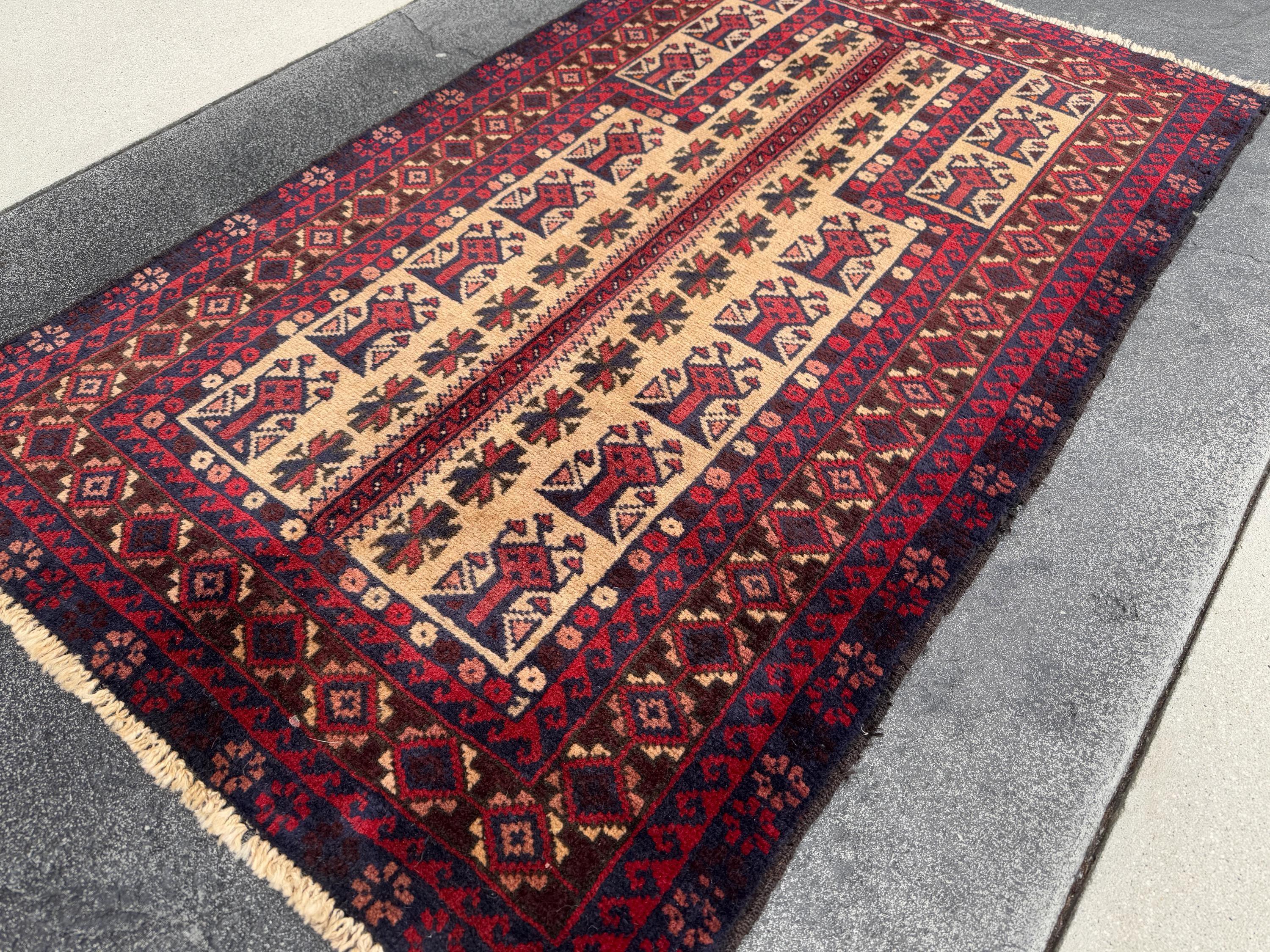 3x4-5 Handmade Vintage Afghan Baluch Rug | Garnet Cherry Crimson Wine Burgundy Red Cream Sand Brown Orange Midnight Blue Black Coral Pink