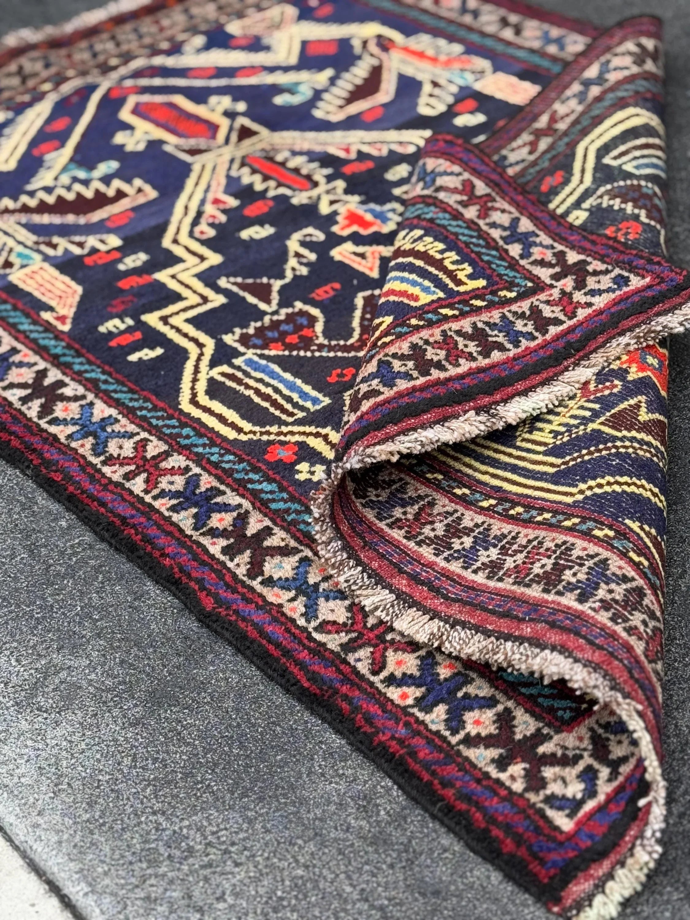 3x4 Handmade Vintage Afghan Baluch Rug | Midnight Navy Denim Aqua Blue Cornsilk Yellow Crimson Wine Blood Red Taupe Black Plum | Wool