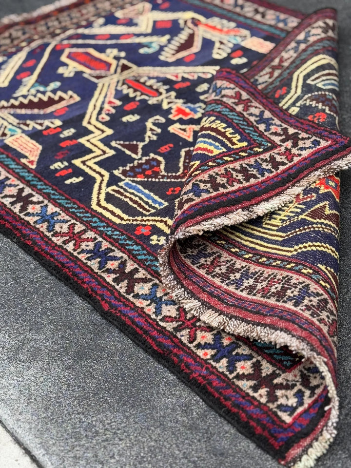3x4 Handmade Vintage Afghan Baluch Rug | Midnight Navy Denim Aqua Blue Cornsilk Yellow Crimson Wine Blood Red Taupe Black Plum | Wool